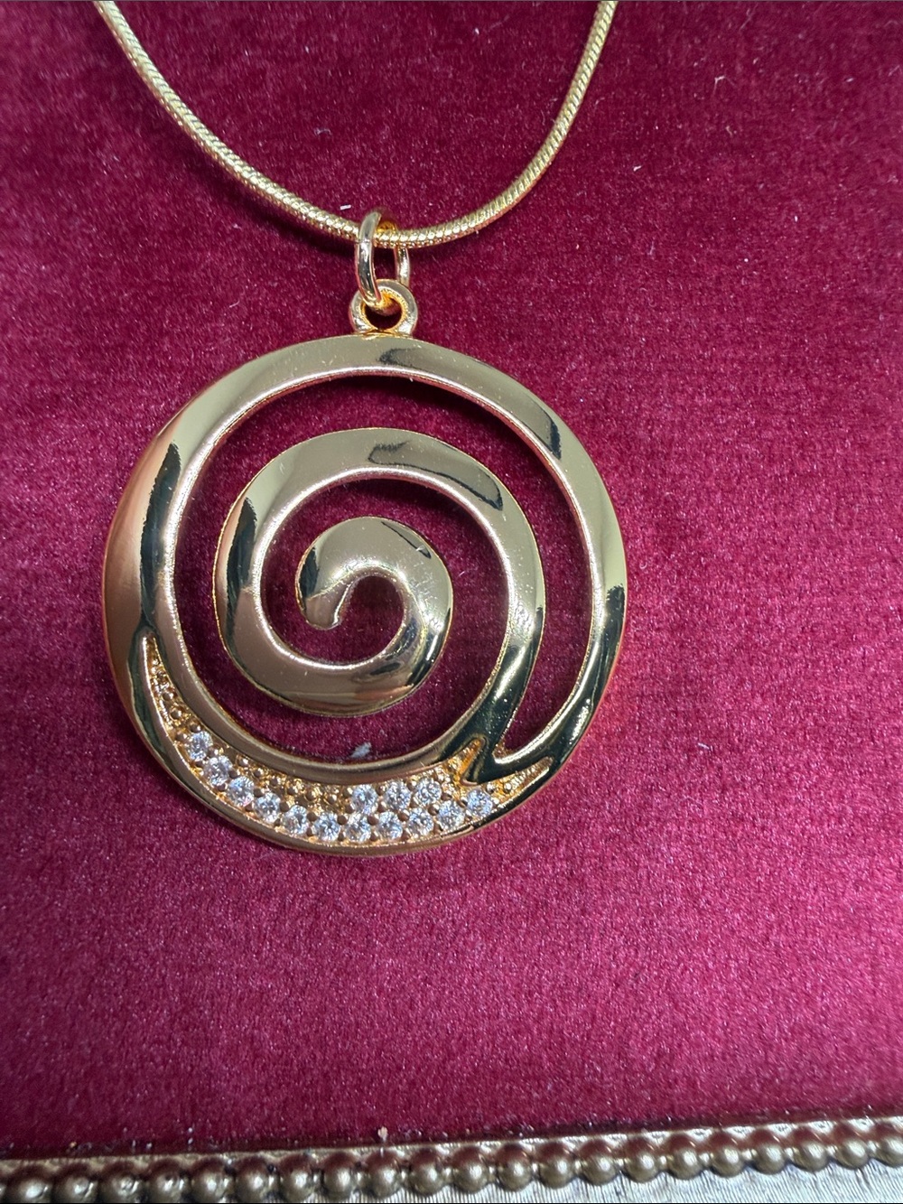 18K Gold Estate Spiral Talisman Necklace 28” Pavé CZ Statement Pendant